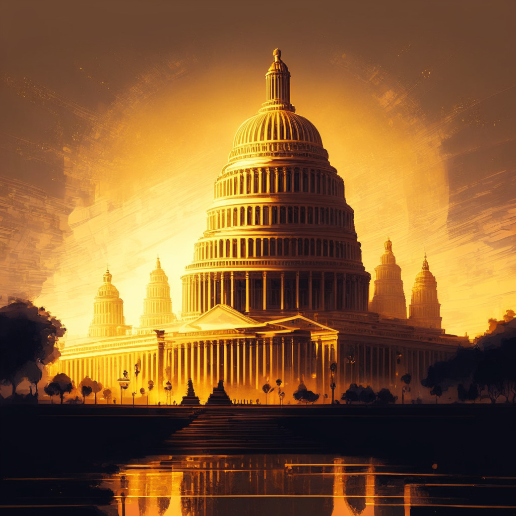 Intricate cityscape, US Capitol building, modernized with futuristic technology, diverse people exchanging digital currency, warm golden hues, soft glow of city lights, Baroque-inspired brushstrokes, hopeful mood, economic freedom banner, financial system evolution.