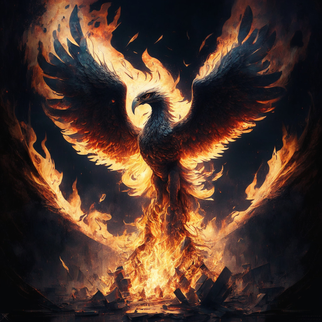 Intricate crypto exchange scene, phoenix rising from ashes, chiaroscuro lighting, eerie uncertainty, hopeful revival amid chaos, cautionary tale symbolism, volatile market landscape, balanced risk and reward dynamics, no brands or logos, 350-char max.