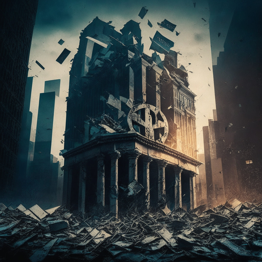 Intricate cityscape backdrop, broken bank building, scattered cryptocurrency symbols, stern regulator figure, somber colors, tense atmosphere, chiaroscuro lighting, Neo-Gothic style, warning sign. Mood: cautionary tale, financial turmoil, lessons learned, balancing innovation & security.