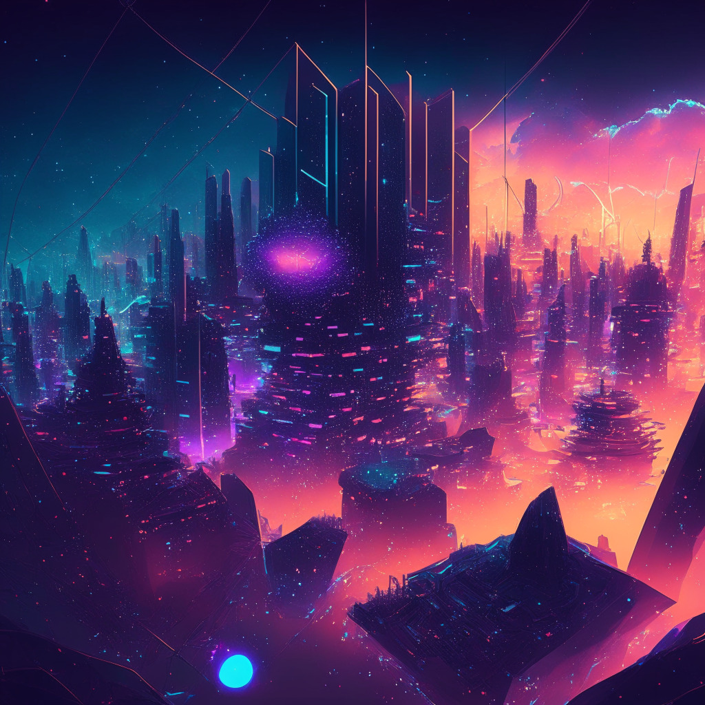 Futuristic blockchain city, Terra Classic LUNC upgrade, celebratory atmosphere, intricate interconnected networks, twilight sky, Edward Kim's AI app 'Block Entropy', energetic sparkles, smooth color transitions, v2.1.0 excitement, team collaboration, expanding horizon, advancing technologies, trailblazing mood.