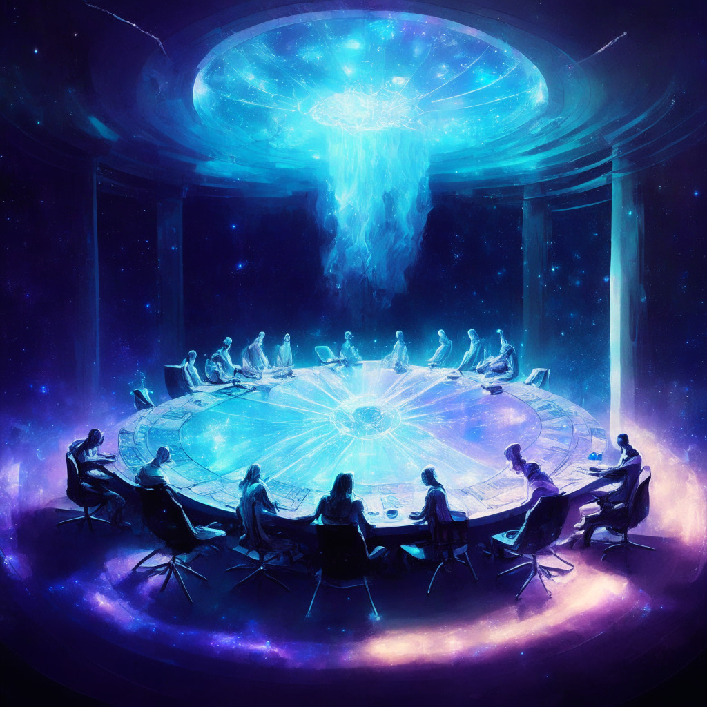 Cosmic blockchain vote scene, celestial conference table, ethereal figures discussing proposals, shimmering liquidity pool, holographic CANTO tokens, low-light celestial setting, impressionist style, secure yet dynamic atmosphere, hints of anticipation and debate, a balance between value and security, sense of community-driven decision making.