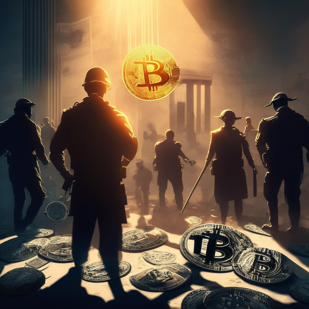 Cryptocurrency crackdown scene, DOJ enforcement team, imposing justice scales, DeFi platforms in background, intense battle between light & shadow, late afternoon sunlight, chiaroscuro style, sense of tension & struggle, mixed feelings of hope & caution, currency symbols subtly embedded.