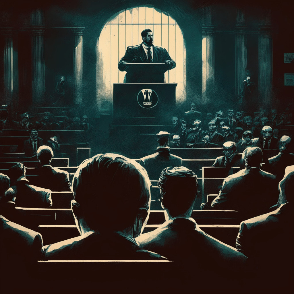 Dramatic courtroom scene with crypto influencer on trial, SEC official testifying, background of social media logos, intense chiaroscuro lighting, mood of tension and defiance, artistic style reminiscent of film noir, hint of encircling regulatory net. 350 characters.