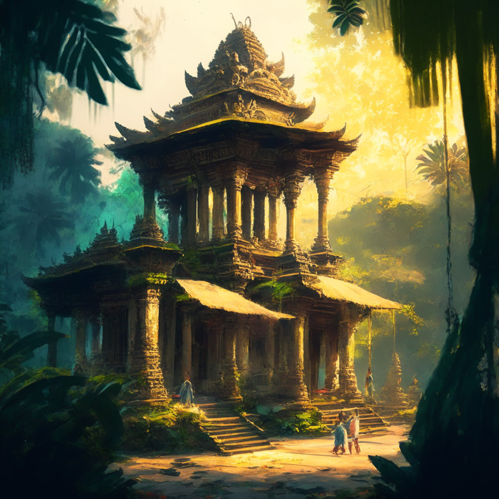 Ancient Balinese temple amidst lush greenery, tourists expressing mixed feelings, some showing frustration, others nodding in agreement, golden-hour lighting, impressionist art style, contrasts and vivid colors representing the divide on crypto, somber ambience enlightening economic impacts.
