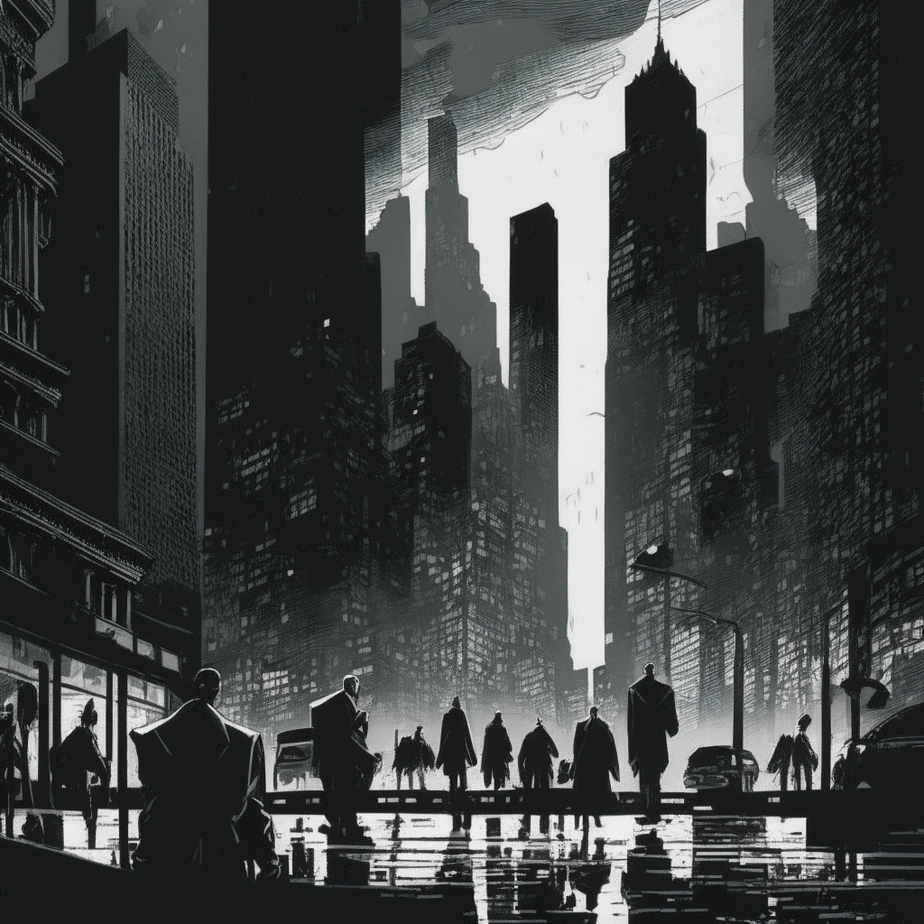 Intricate cityscape reflecting financial market turmoil, DOJ officials combating market manipulation, shadowy short sellers with sinister expressions, subtle crypto elements woven into the scene, a faint gloomy atmosphere enveloping the city, Chiaroscuro lighting, overall mood of a tense battleground with uncertain future, stylized like a noir graphic novel.