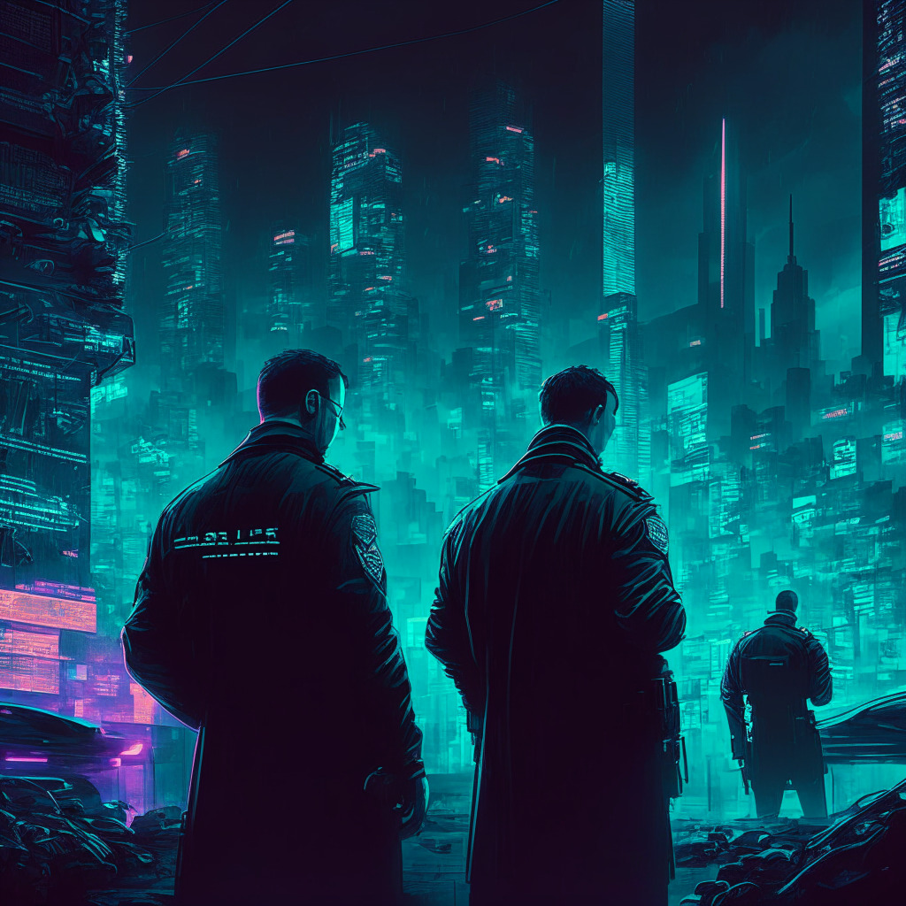 Cryptocurrency enforcement scene, dark city backdrop, neon-lit skyline, shadowy figures in the foreground exchanging digital assets, a vigilant law enforcement officer, contrasting chiaroscuro lighting, contemporary cyberpunk aesthetic, muted color palette, subtle nods to compliance, risk mitigation, and innovation, underlying tension and enigmatic mood.