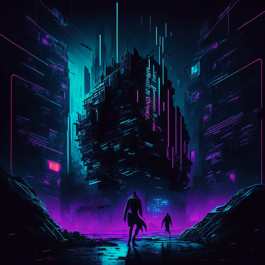 Dark, vivid scene of digital chase, intricate blockchain imagery, imposing digital fortress, sleek virtual detectives, ominous hackers' shadows, neon glow cyber signals, contrast of security and innovation, tense mood, subtle cyberspace-noir style, complex but balanced composition, creative interpretation of cryptocurrency crackdown.