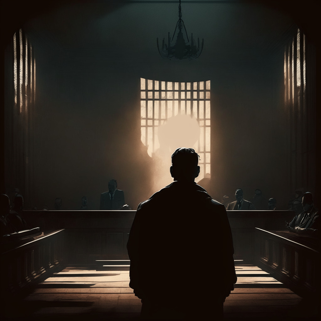 Mysterious Bitcoin founder in courtroom, shadowy figure facing contempt allegations, intense debate surrounding credibility, intricate judicial setting, contrasting light and darkness, atmosphere of tension and uncertainty, underlying theme of transparency and accuracy in the crypto sphere.