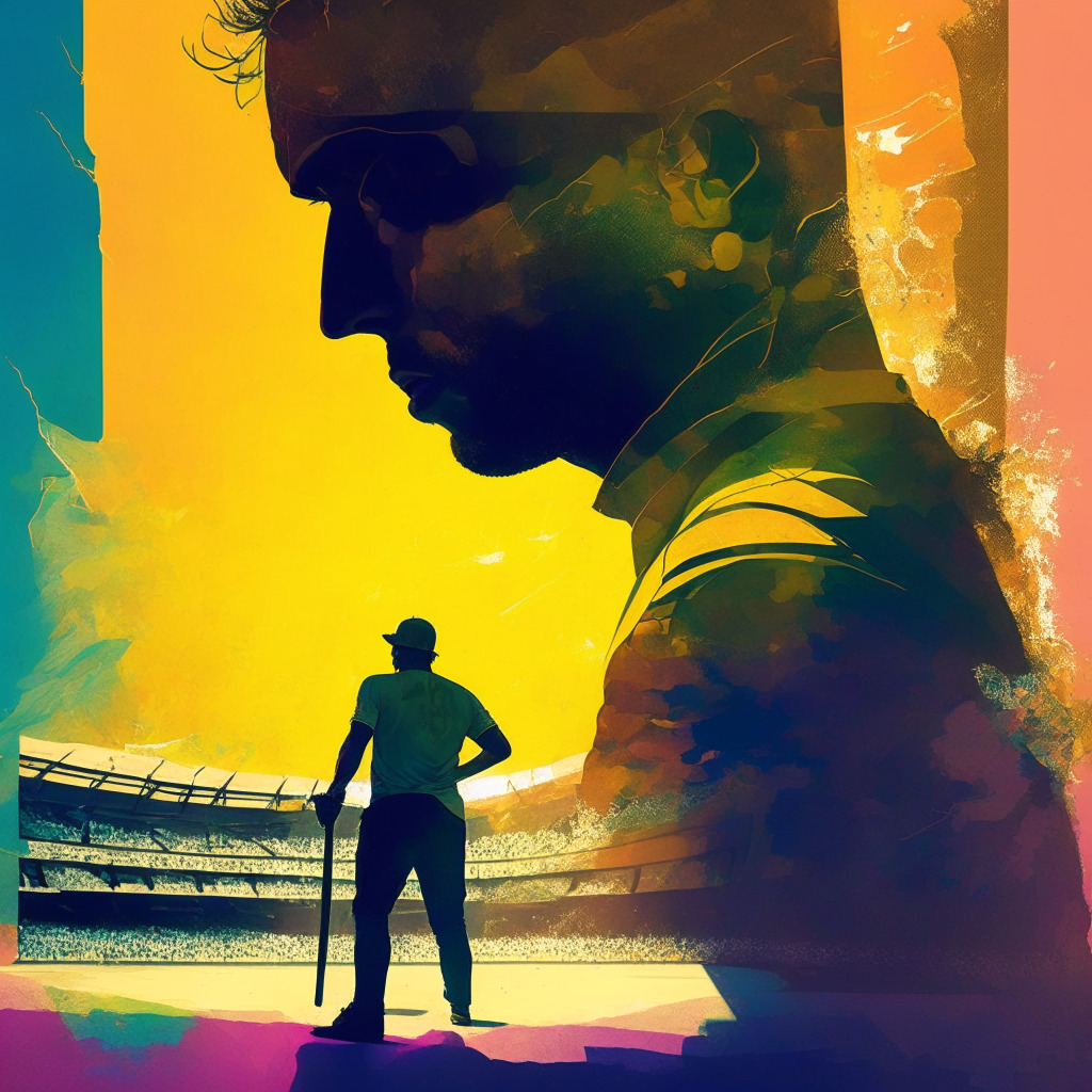 Cricket legend explores crypto & Web3, ethereal stadium under golden light, AB de Villiers bats digital coins, bold artistic strokes and shadows, NFTs as cricket balls and memorabilia, serene yet-focused expression, triumphant & empowering mood, inclusive & accessible Web3 landscape.