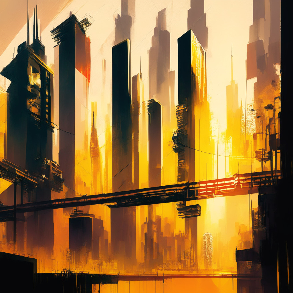 Hong Kong cityscape with towering skyscrapers, futuristic digital asset-themed graffiti on walls, a bridge connecting Hong Kong and US flag, warm golden light illuminating the scene, sophisticated color palette, dynamic movement in elements, contrasting moods of optimism and uncertainty, hint of tech and finance elements intertwining, abstract artistic flair.