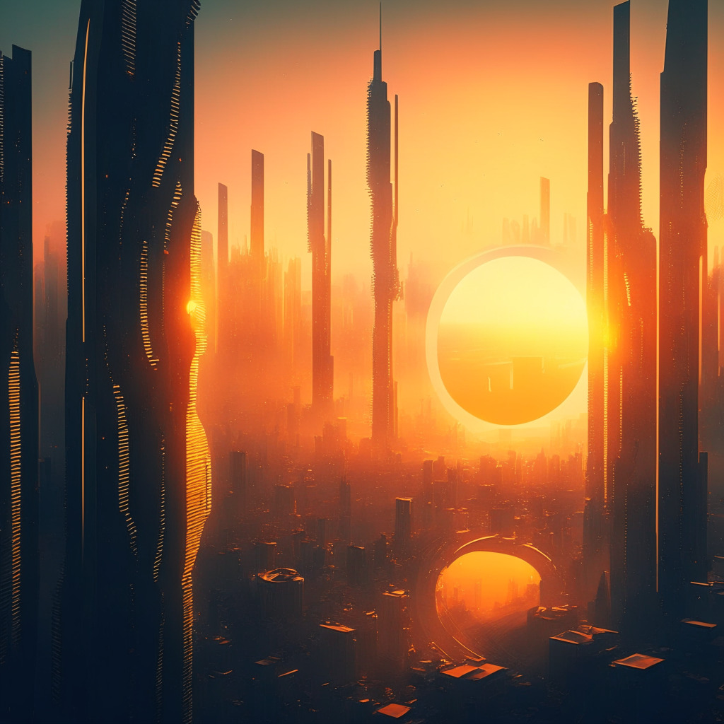 Sunrise over futuristic city, interconnected blockchains, diverse developers collaborating, Web3 landscape, contrast of light & shadow, sense of unity & growth, cautiously optimistic mood, underlying decentralization tension, hint of a wormhole, no brands or logos.