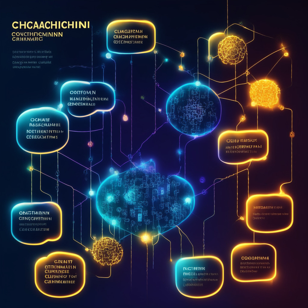 Cross-chain messaging protocol concept, merging blockchain networks, vibrant yet futuristic tech landscape, glowing connections between coins, innovative investment fund, uplifting & forward-thinking atmosphere, diverse interconnected blockchain environment, collaborative growth, a touch of caution & risk awareness, dappled light with soft shadows.