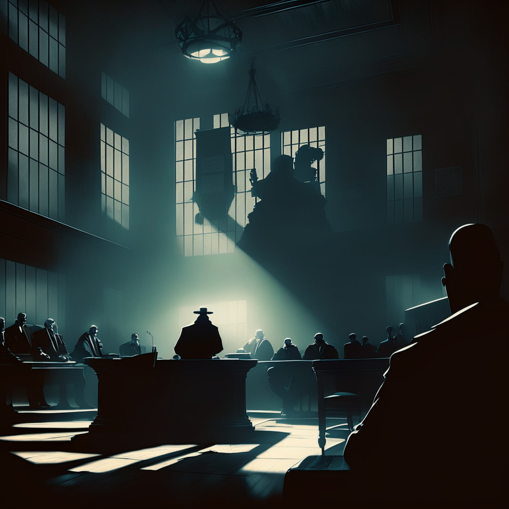 Shadowy courtroom, intense legal battle backdrop, crypto advisor triumphs, dark van, mysterious clipboard, list of names, ambiguous government intervention, contrasting credibility, chiaroscuro lighting, Orwellian undertone, tense atmosphere, vigilant crypto enthusiasts, enigmatic justice, evolving crypto landscape.
