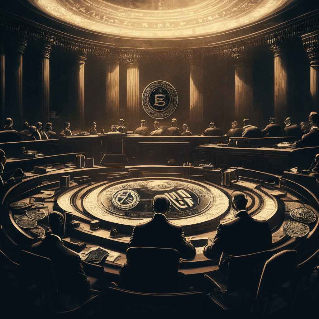 Intricate government hearing scene, concerned senators and bank executives testifying, crypto coins and digital assets scattered, imposing NYDFS seal, dark courtroom ambiance, hints of Chiaroscuro lighting, contrast between traditional finance and emerging cryptocurrency, tense atmosphere, underlying theme of balancing regulation and innovation.