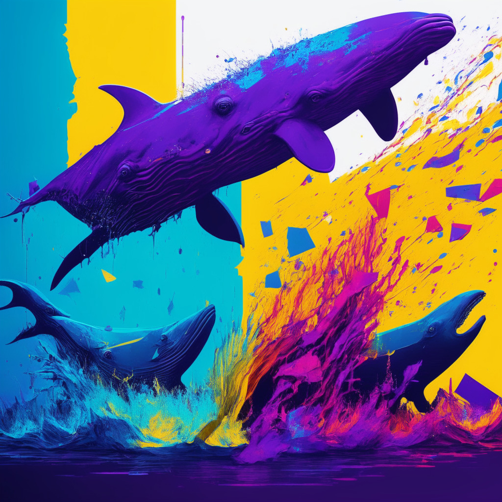 Crypto bank runs, whales & risky investments, vivid colors, financial instability, strained banks. Concept: Whale account holders triggering a turbulent crypto scene, dominant colors- blue & purple, contrasting reds & yellows. Panicked, abstract financial elements, fractures & shadows creating uncertainty. Whales symbolizing immense power & influence.
