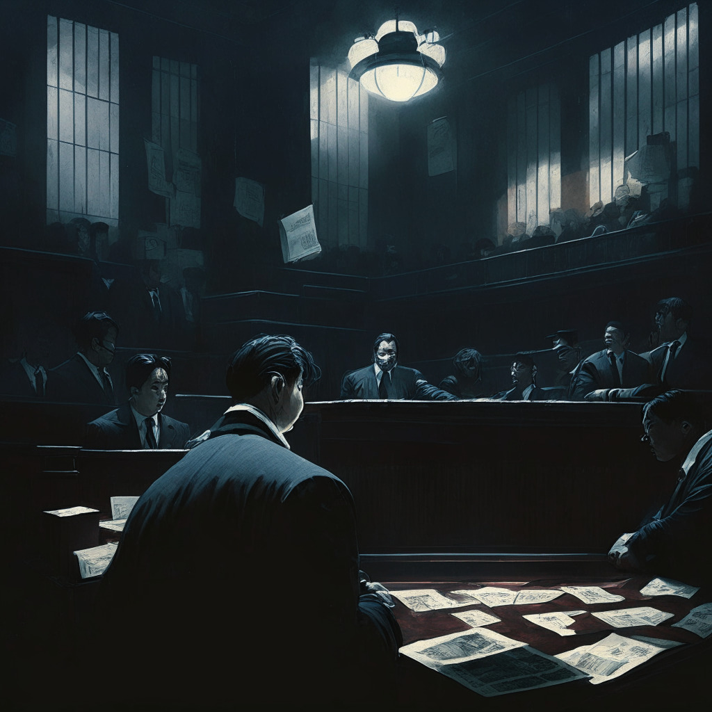 Gloomy court scene, Do Kwon in handcuffs, dramatic collapse of TerraUSD and Luna, cyber-crime investigation, South Korean and American prosecutors, Montenegro authorities, passport scandal, legal struggle, chaotic crypto market, urgent need for regulation, worldwide collaboration, chiaroscuro lighting, somber mood, intricate details, modern artistic style.