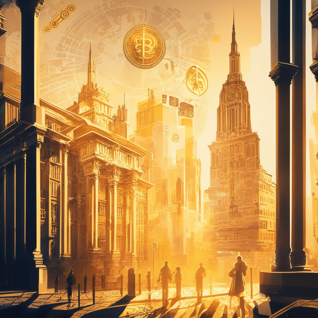 Intricate European cityscape, financial district with crypto symbols, fusion of classic and contemporary art styles, soft golden light, authoritative figures in the foreground, serene mood, slightly abstract visuals, harmonious blend of innovation and regulations, hint of uncertainty.