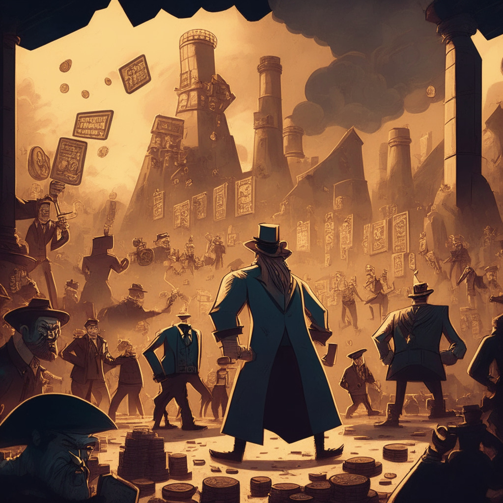 Crypto clash scene, memecoins vs NFTs, mining stocks center stage, dusky light setting, cynical mood, vintage art style, foreground: headstrong memecoin characters, background: fading NFT collectibles, mining stocks as impressive, towering structures, economic tension palpable, policymaker influence subtly present.