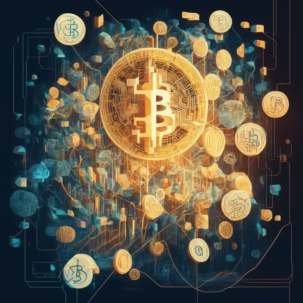 Stylized crypto transaction chaos, unconfirmed Bitcoin transactions stacking up, surge of BRC-20 tokens, soft warm light, intense on-chain data visualization, mood of uncertainty & adaptability, focus on innovative solutions, delicate balance between growth & sustainability.
