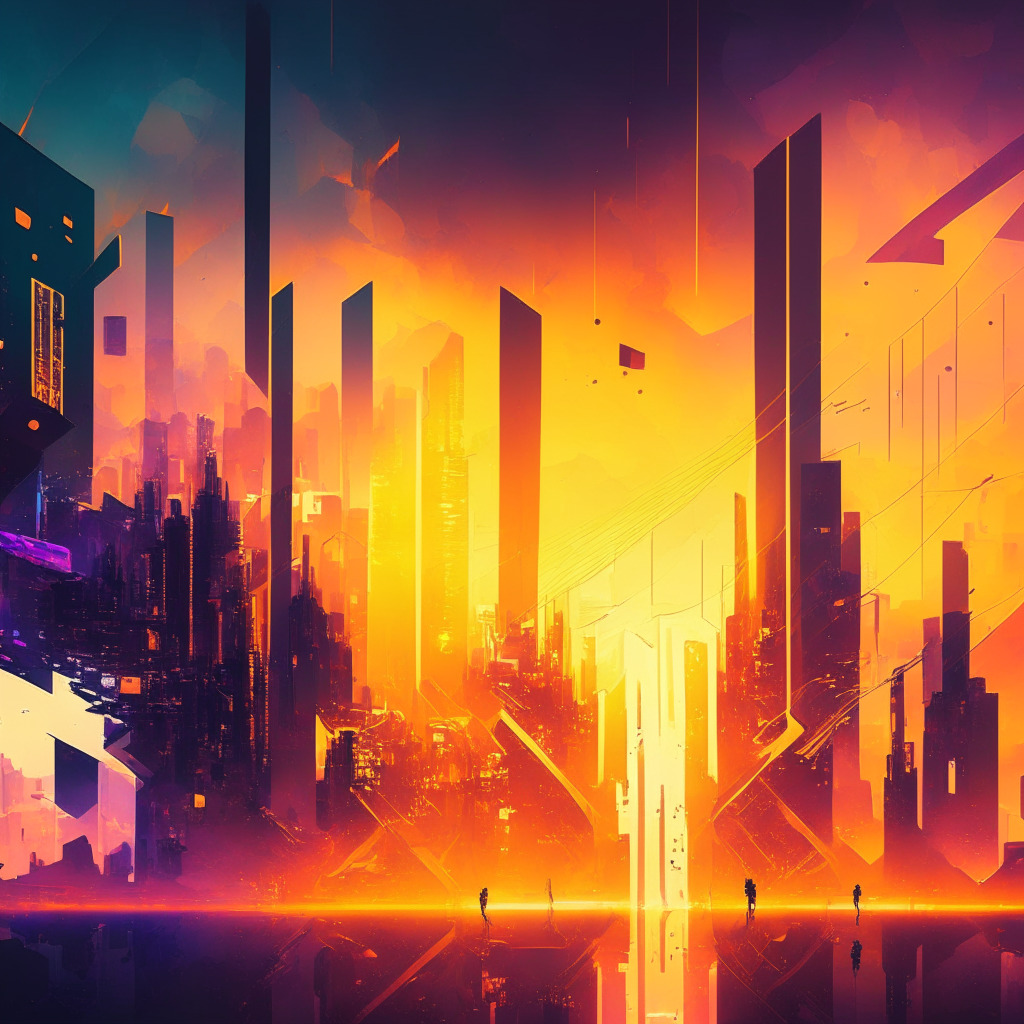 Futuristic crypto cityscape with intense debate, digital wallet war zone, clouded uncertainty, golden dusk lighting, abstract shapes symbolizing cryptography, tense atmosphere with sparks of innovation, contrasting shadows casting over delicate balance of trust, vibrant hues reflecting user concerns.
