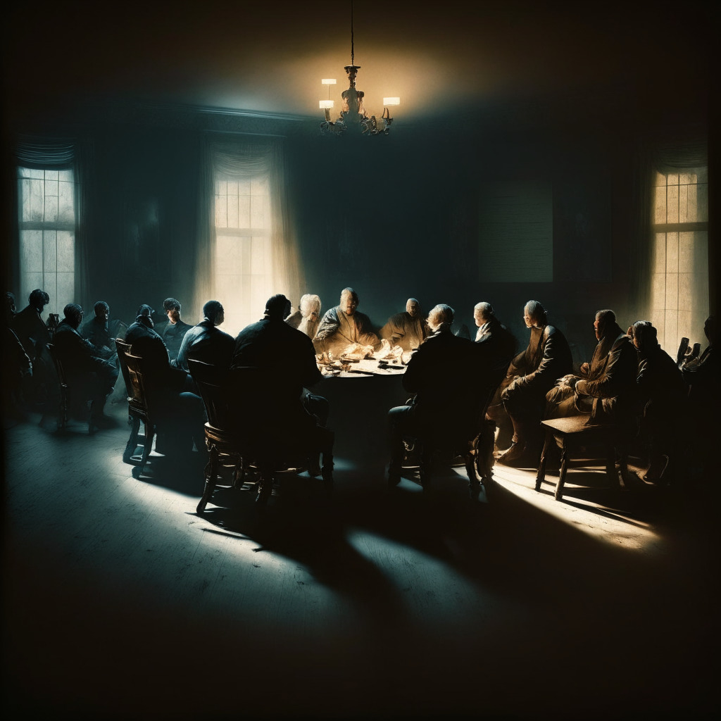 Conference attendees discussing crypto regulations, taxes & future; muted colors in roundtable setting, hint of sunrise, visible optimism & curiosity, contrasting shadow of frustration, Rembrandt-style chiaroscuro, focused & mature ambiance with sense of networking, no elaborate party scenes.