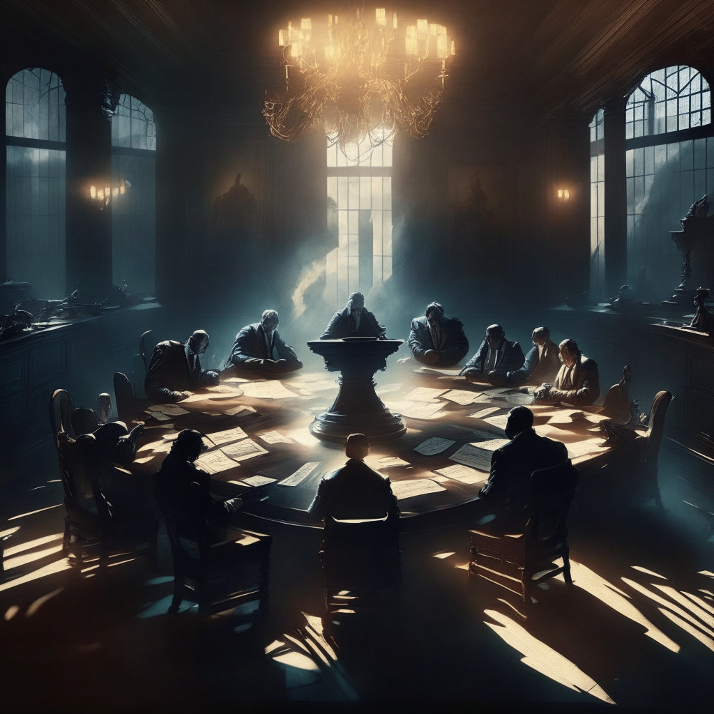 Crypto consortium acquires network, legal battles in crypto world, daytime courtroom scene, merger documents on the table, intense discussions, chiaroscuro lighting, dramatic shadows, baroque-inspired composition, high-stakes atmosphere, anxious yet hopeful mood. Limit: 350 characters.