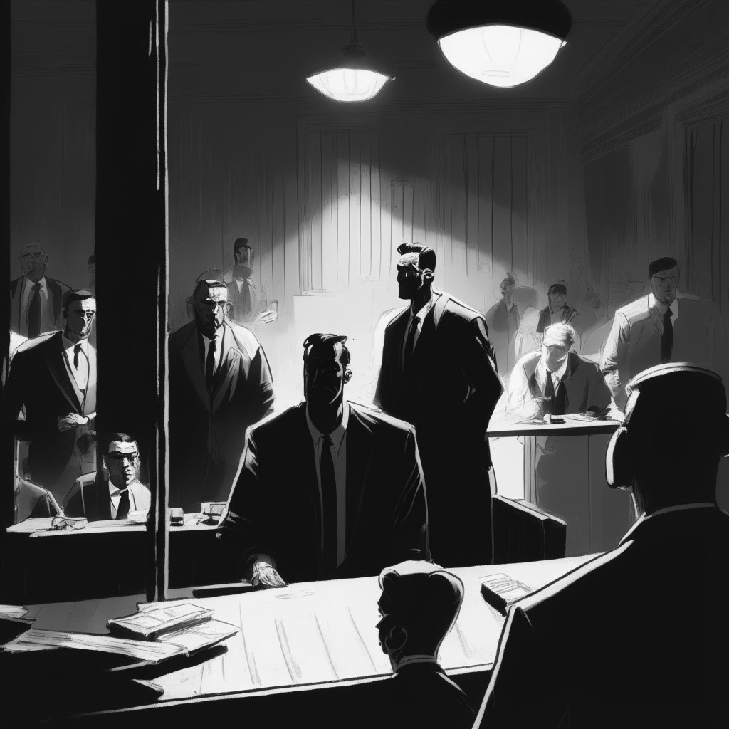 Noir-inspired court scene, dimly lit room, UK national Joseph O'Connor in handcuffs, former Coinbase manager Ishan Wahi in prison uniform, both facing a stern judge, anxious kidnapping suspects in the dock, shadowy investment fund managers and metaverse representatives discussing in the background, light emanating from a Bitcoin mining rig. Mood: tense, mysterious.