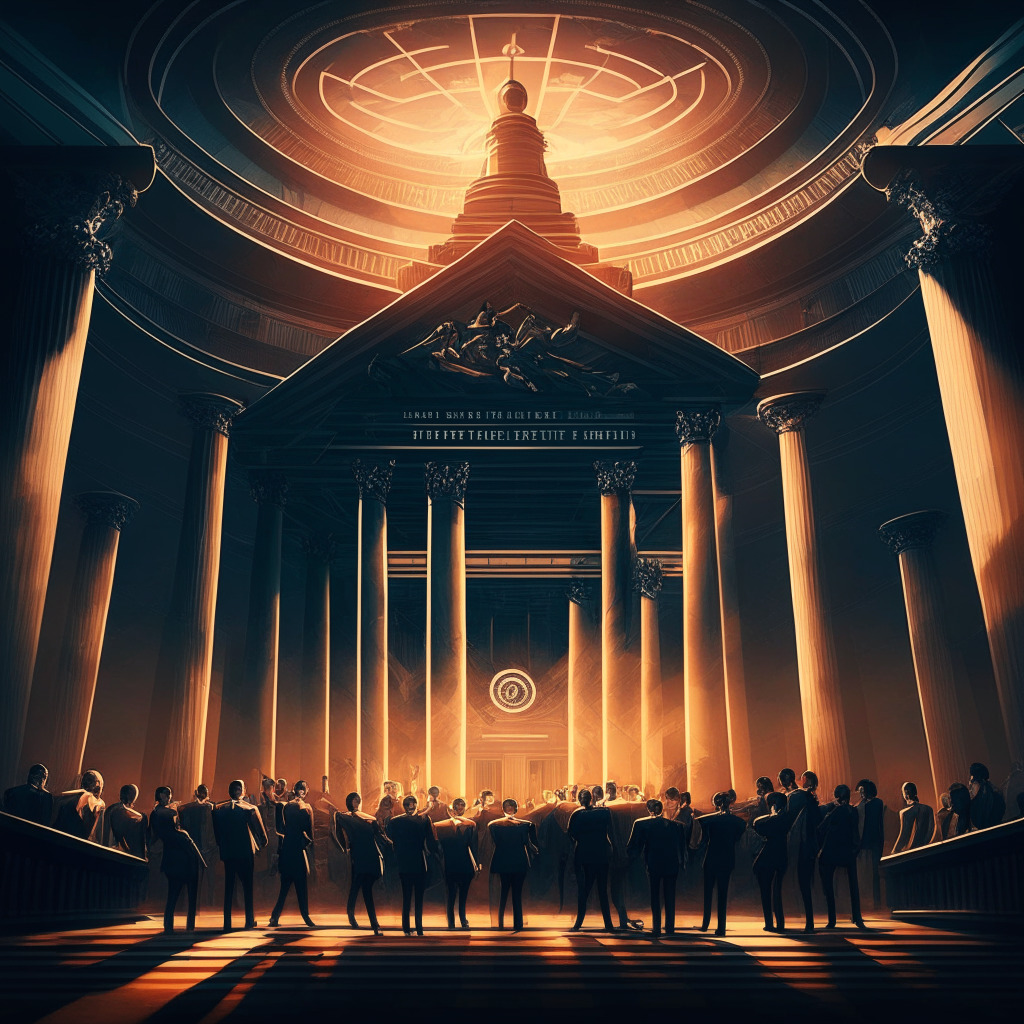 Intricate government building, intense debate scene, diverse group of legislators, vibrant cryptocurrency symbols, contrasting warm and cool lighting, intense chiaroscuro, dynamic composition, air of tension & urgency, balancing between investor protection & custodial solution diversity.