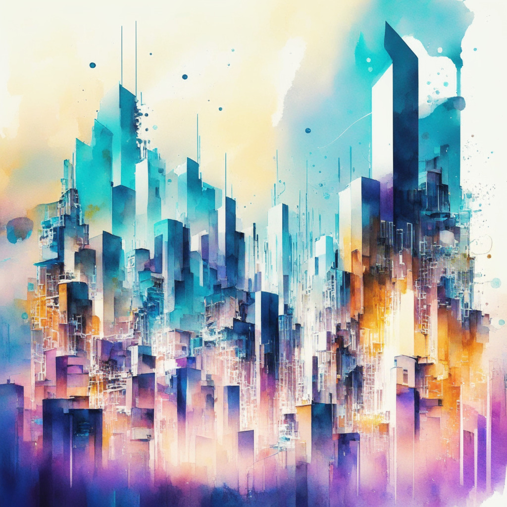 Futuristic city skyline with blockchain nodes, diverse professionals collaborating on cybersecurity, ethereal lighting, abstract representation of flexible regulations, watercolor & cubist art styles, dynamic atmosphere, sense of growth and innovation.