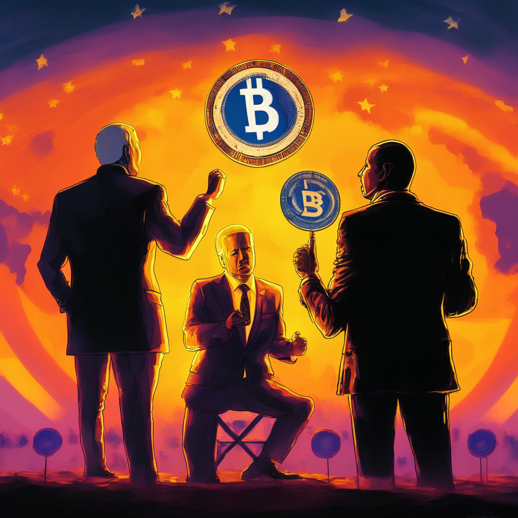 Sunset-lit political debate stage, DeSantis & Biden at podiums, DeSantis holding Bitcoin, Biden holding CBDC symbol, tense atmosphere, contrasting colors representing pro-crypto vs anti-crypto stances, shadowy government figures in background, mood of uncertainty & conflict, bold brushstrokes.