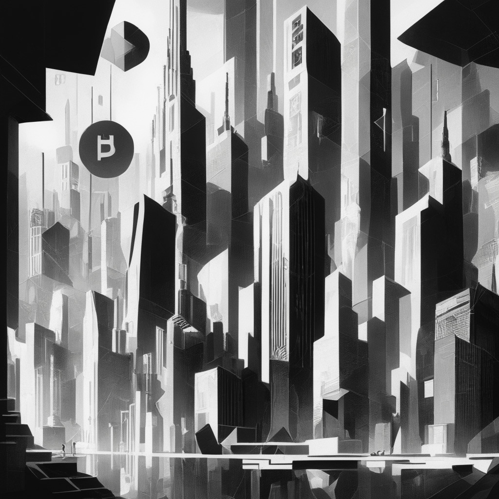 Intricate cityscape filled with modern architecture, grayscale color palette, subtle reflections of Ethereum & Bitcoin symbols, contrast of spotlights & shadows, tense atmosphere, financial experts & regulators engaged in a debate, sense of conflict between innovation & regulations, touch of abstract art, underlying hint of bearish market sentiment.