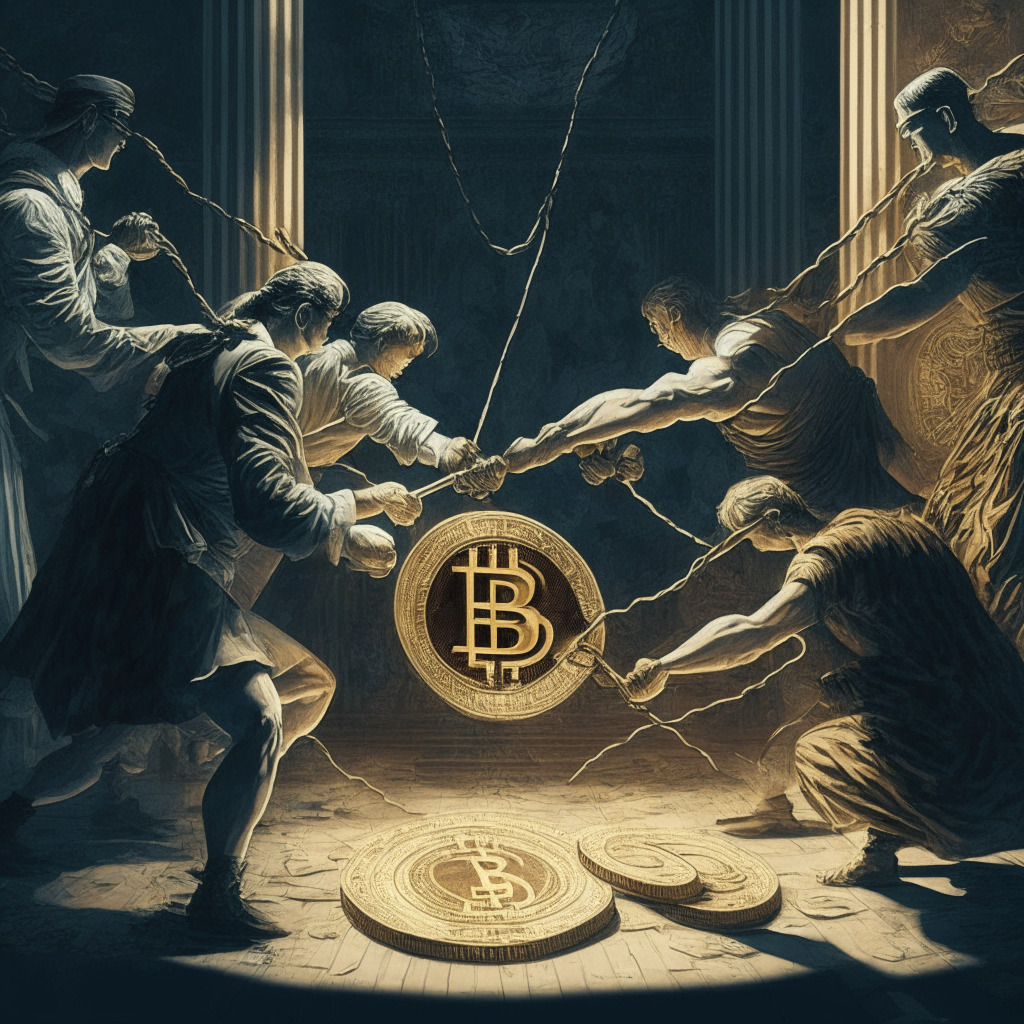 Intricate crypto exchange scene, SEC and coinbase in a tug-of-war, contrasting light and shadows, Baroque style, chiaroscuro effect, tense mood, a blend of modern technology and age-old disputes, search for regulatory clarity, subtle air of optimism amidst uncertainty.