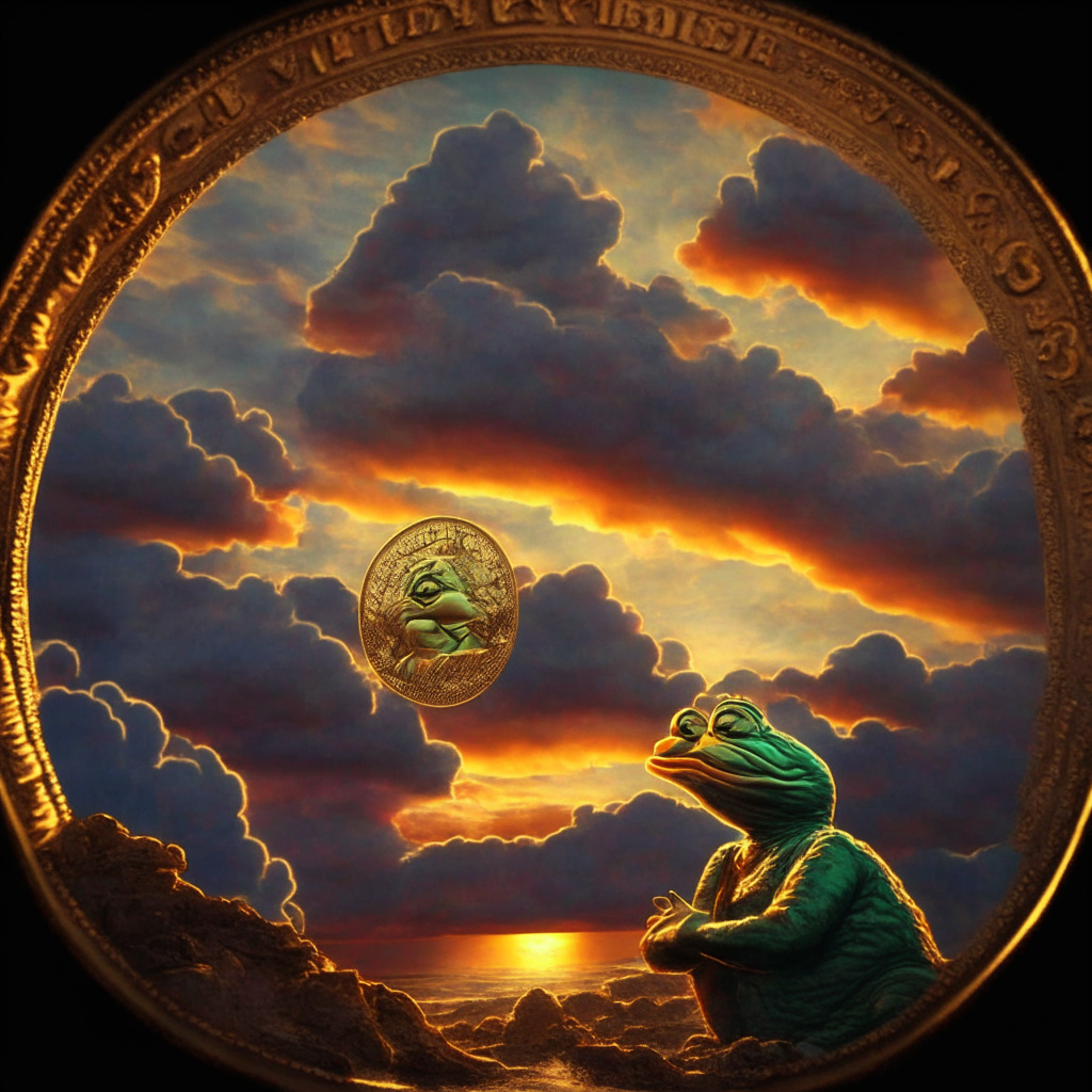 Whimsical PEPE meme coin takes center stage, Baroque-inspired exchange backdrop, sunset hues reflecting investor optimism, oscillating coin value amid swirling clouds, rollercoaster of emotions evoking market uncertainty, chiaroscuro effect highlighting gains and losses, subdued caution looming in shadows.