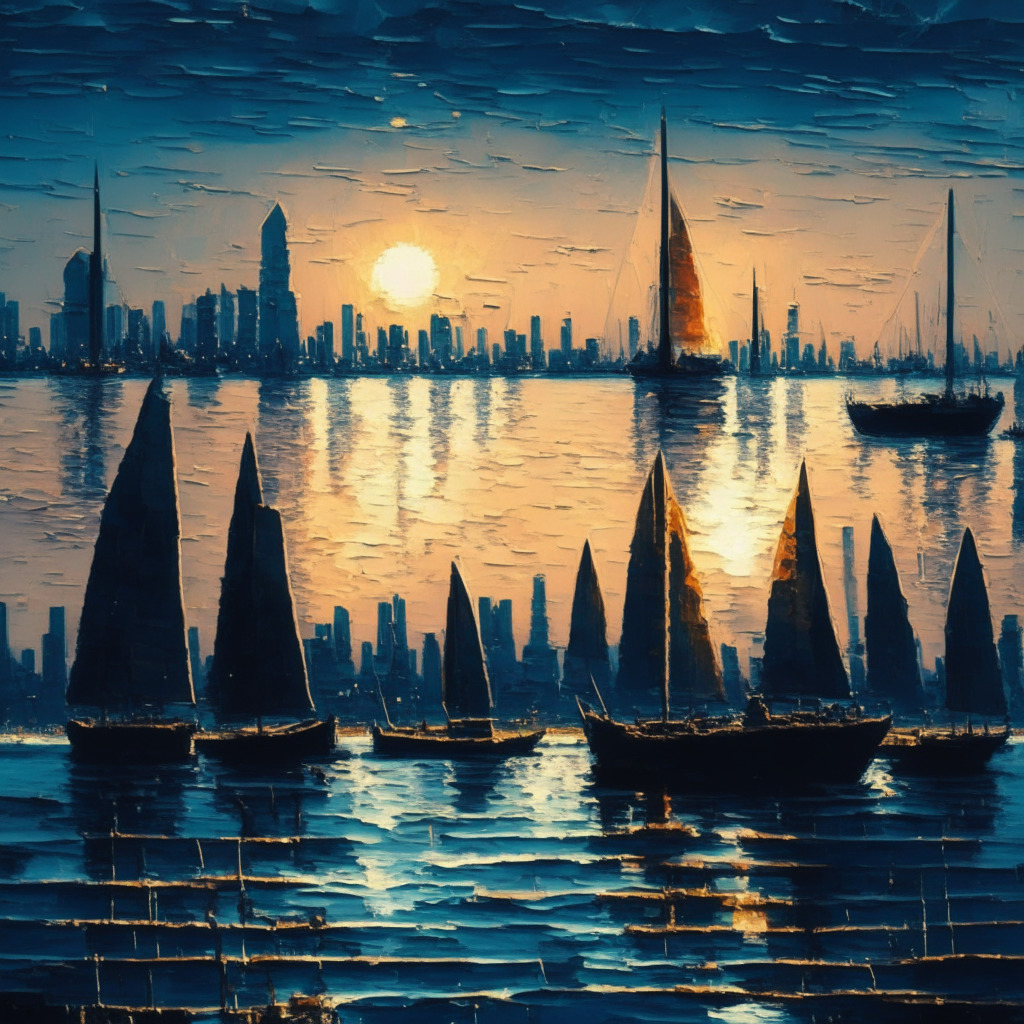 Cryptocurrency exodus, Canadian financial landscape, dusk lit skyline, contrast of moving sailboats and anchored boats, calm yet decisive atmosphere, impressionist art style, hint of uncertainty with rays of hope.