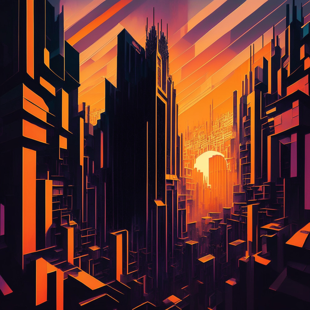 Intricate crypto city, sunset-hued sky, symbolic banking hurdles as maze, shadowy regulators lurking, a beam of light representing hope for clear regulations, blend of cubism & futurism styles, somber-yet-resolute mood. (349 characters)