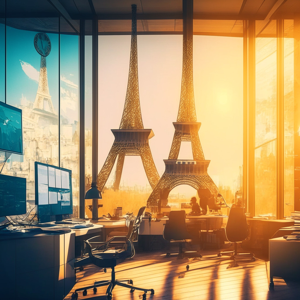 Crypto exchange hub in Paris, 100 new hires, sunlit office, Eiffel Tower in background, € signs, job growth, professionals at workstations, map with France & EU connections, mix of vintage & futuristic style, warm lighting, optimism, balance of growth & vigilance, subdued colors emphasizing mood.