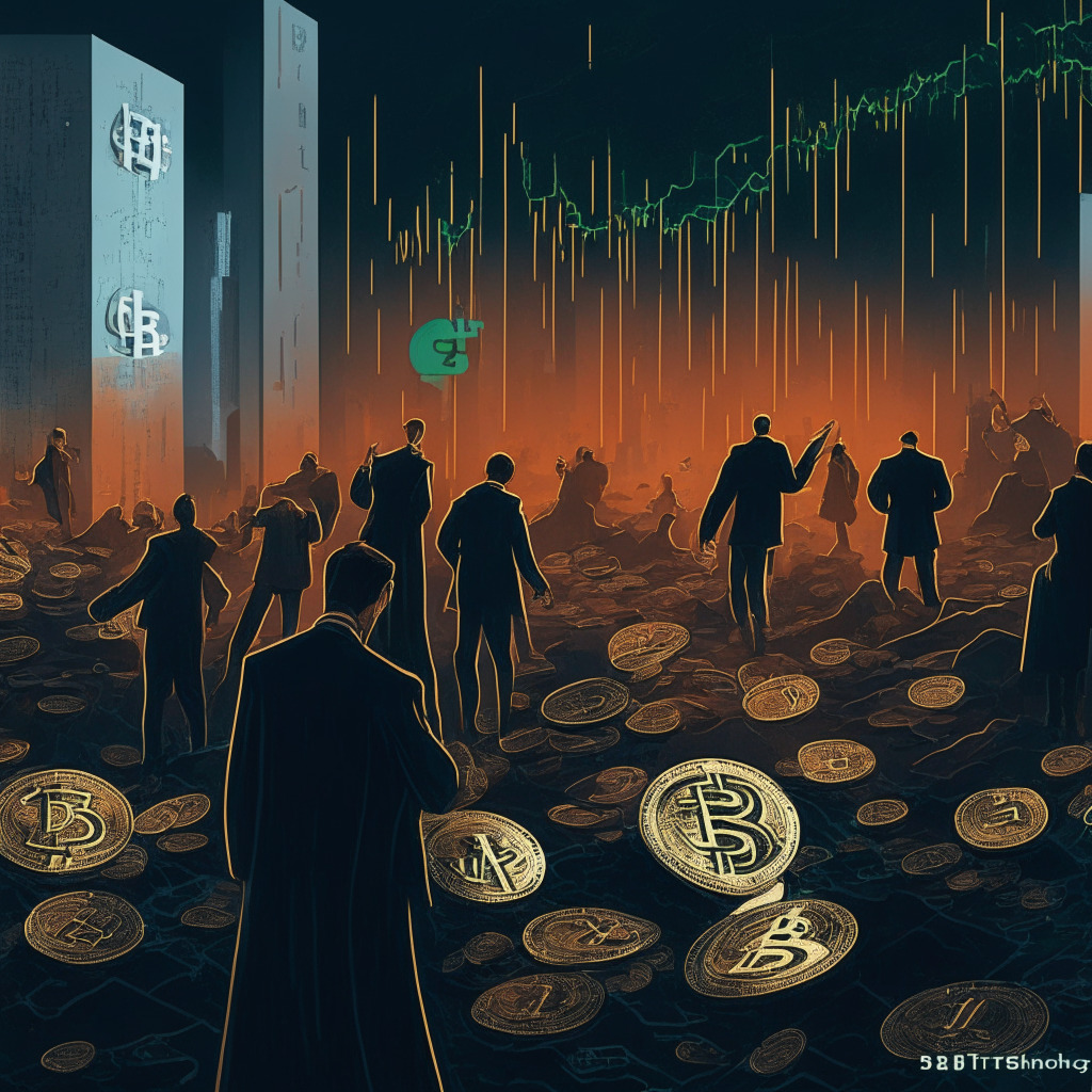 Cryptocurrency exodus, US regulatory crackdown, migrating industry giants, CEO concerns, collapsing crypto exchange, stasis period, dented public trust, relocating to favorable regulations, Hong Kong crypto hub, existing rules adherence, evaluating UAE, uncertain future landscape, crucial monitoring, evolving regulations, artistic representation of uneasy market conditions, dimly lit setting, somber mood.