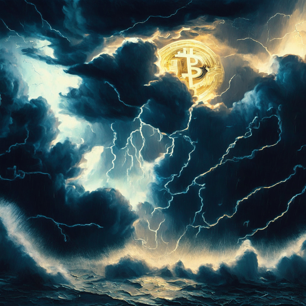 Cryptocurrency storm, swirling Bitcoin and Ethereum, dark turbulent clouds, rays of sunlight breaking through, hopeful traders, intense market mood, stylized painterly tech canvas, chiaroscuro lighting, low liquidity tension, volatile financial landscape.