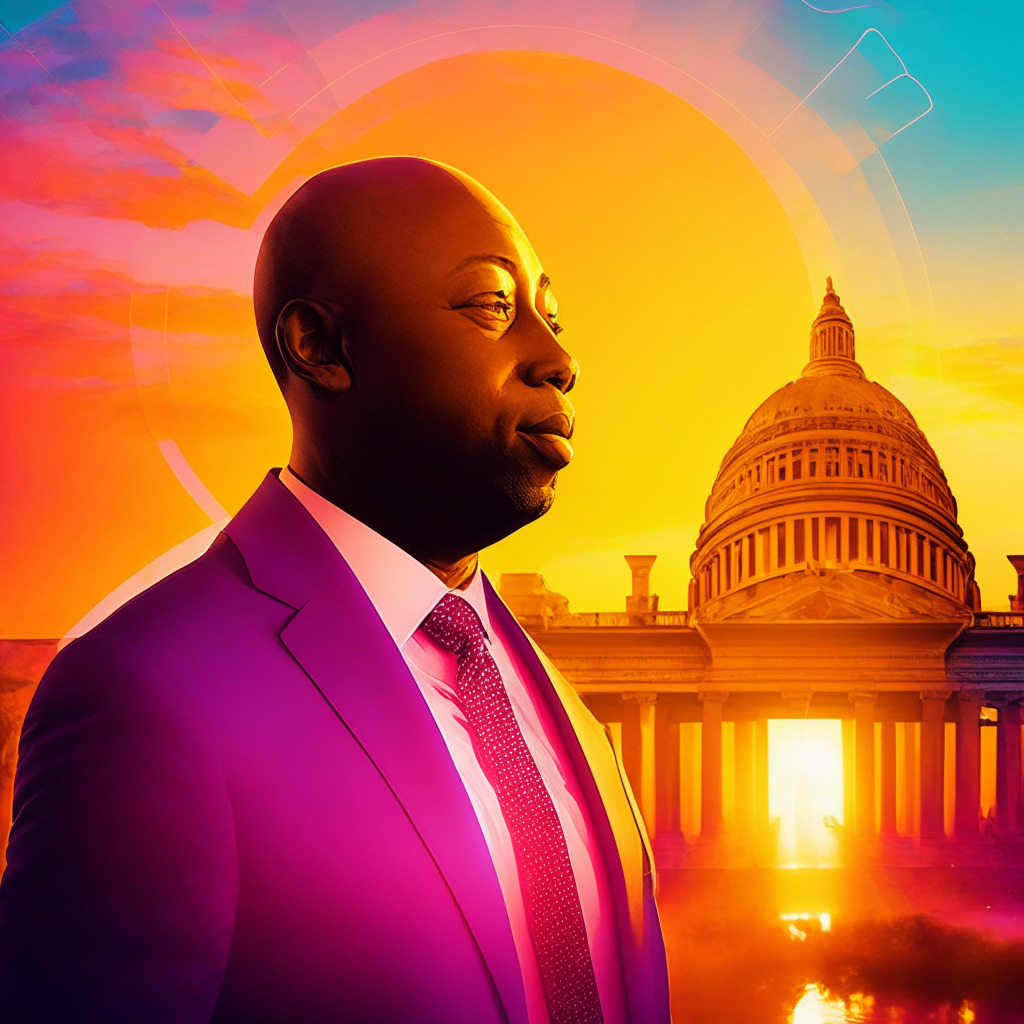 Sunrise over U.S Capitol, Sen. Tim Scott announcing candidacy, vibrant colors, cryptocurrency symbols in background, futuristic style. Light: warm golden hour glow, Mood: optimistic and innovative. Scott advocating for digital assets framework, mix between politics and tech-inspired vision.