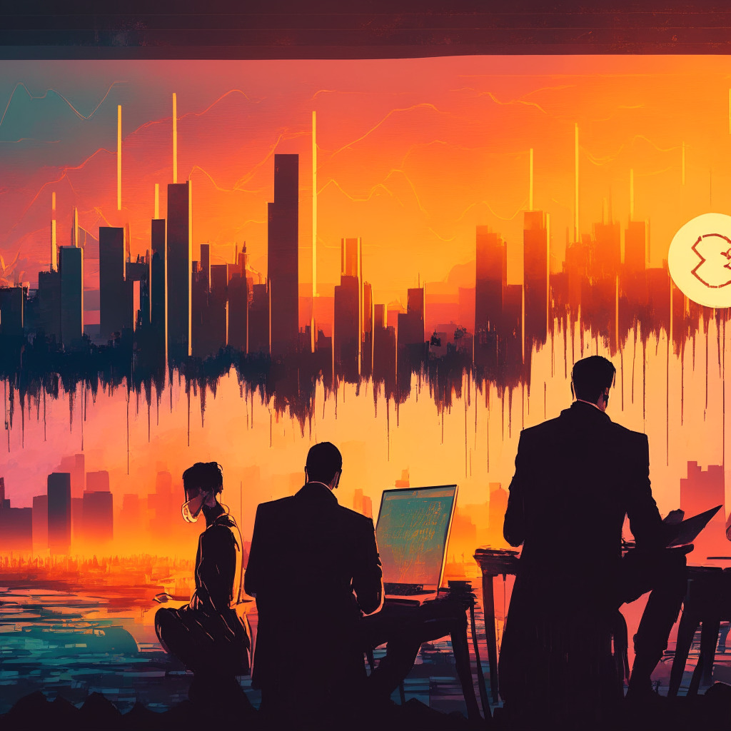 Crypto funds outflow scene, investors analyzing graphs, sunset skyline with fading Bitcoin dominance, somber mood with uncertainty atmosphere, classic fine art blended with modern digital art style, light originating from laptops and screens, muted colors portraying volatility, subtle optimism amidst crypto chaos.