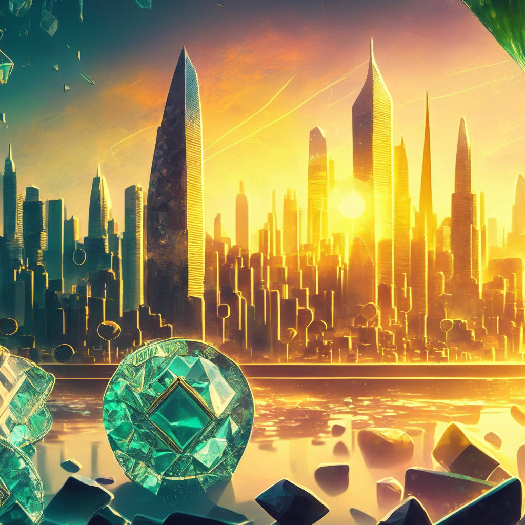 Cryptocurrency gems in artistic scene, soaring tokens surrounded by uncertainty, warm sunset over a futuristic city skyline, dynamic AI & green crypto projects, contrasting shadows reflecting market turmoil, glassy surface filled with complex patterns, mood of cautious optimism in search of hopeful breakthrough.