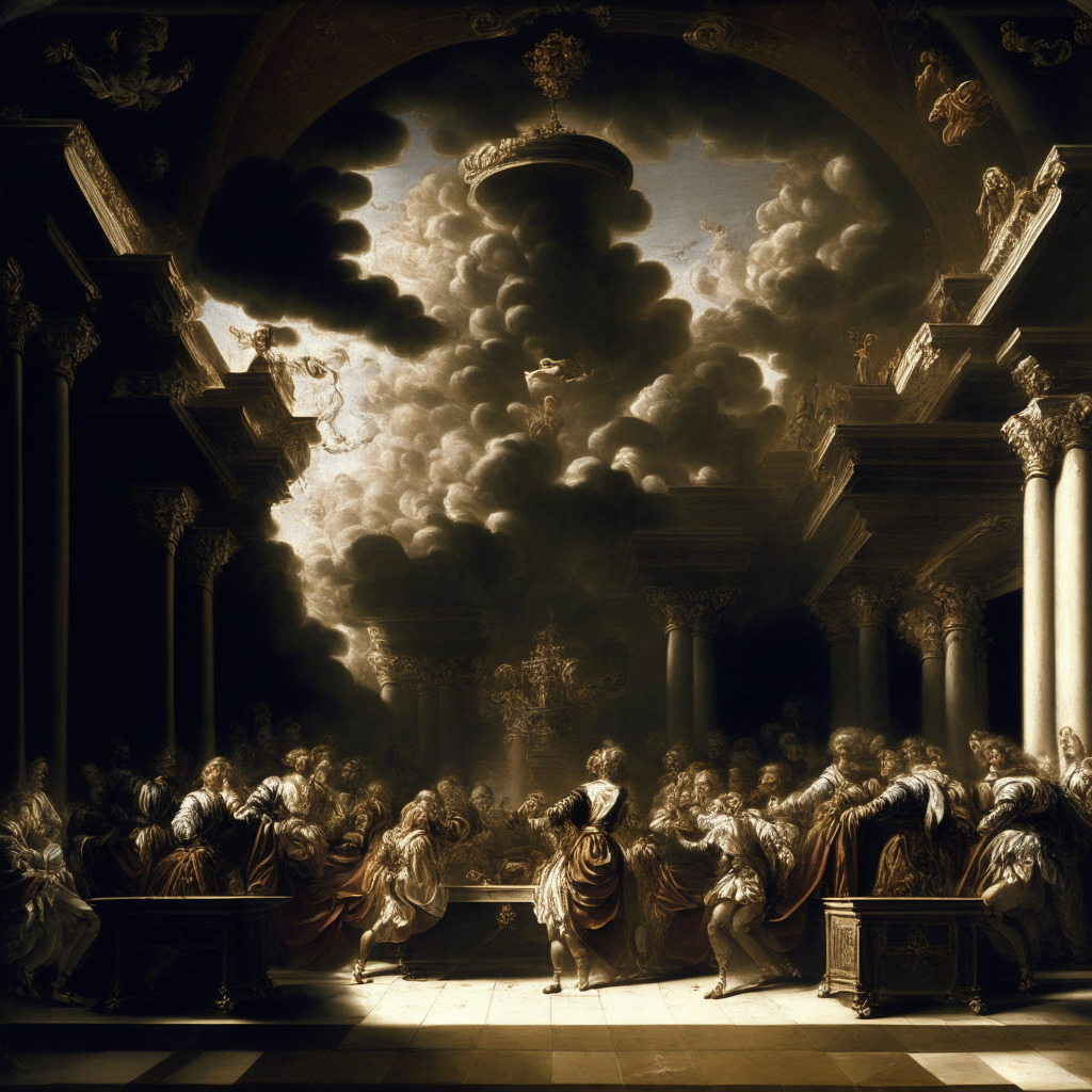 Intricate court scene, opposing parties Gemini & Genesis and SEC, dynamic tension, 17th-century Baroque style, sharp contrasts of light and shadow, authoritative but conflicted atmosphere, subdued earth tones, focus on facial expressions, hint of uncertainty looming, swirling clouds overhead, no logos or brands, 350 characters.