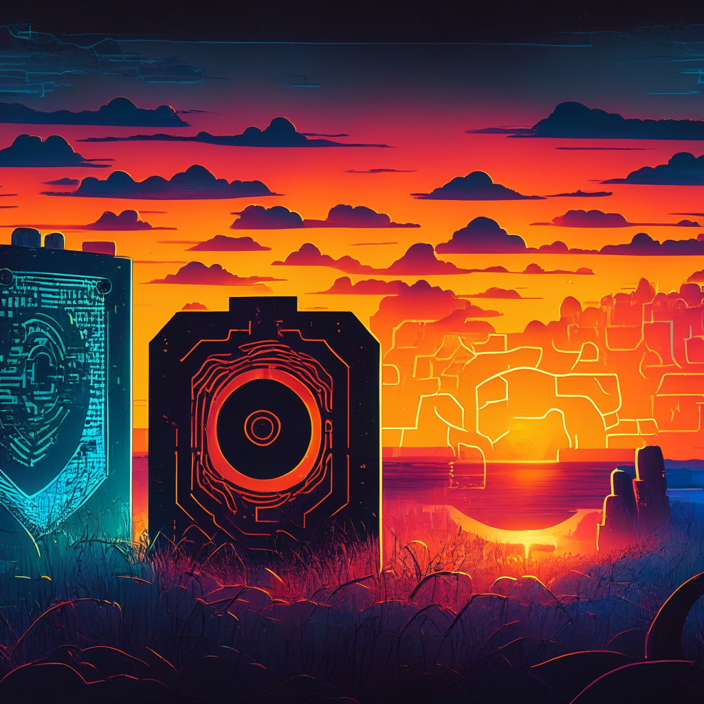 Cybersecurity landscape at sunset, blockchain locks lined up, crypto coins protected by glowing shields, shadowy hackers lurking in contrast, calming colors creating hopeful atmosphere, low-key lighting for cautionary sentiment, expressionist style highlights fluctuating trends, mood of cautious optimism.