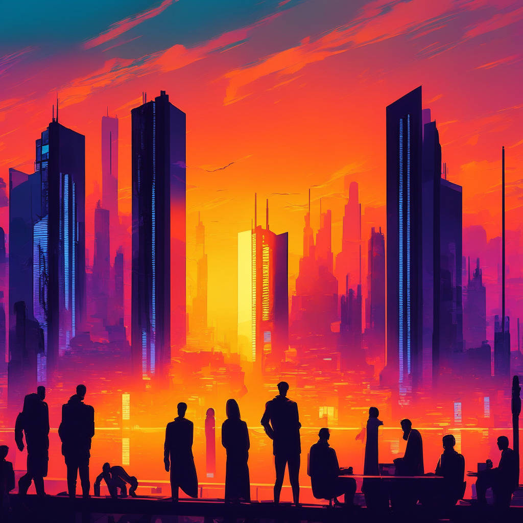 Sunset-lit urban crypto hub, futuristic skyline, diverse group of blockchain enthusiasts engaged in deep discussion, a blend of Monet and Cubism styles, tension between innovation & skepticism, underlying security concerns, pulsating energy, air of anticipation for a technological breakthrough.