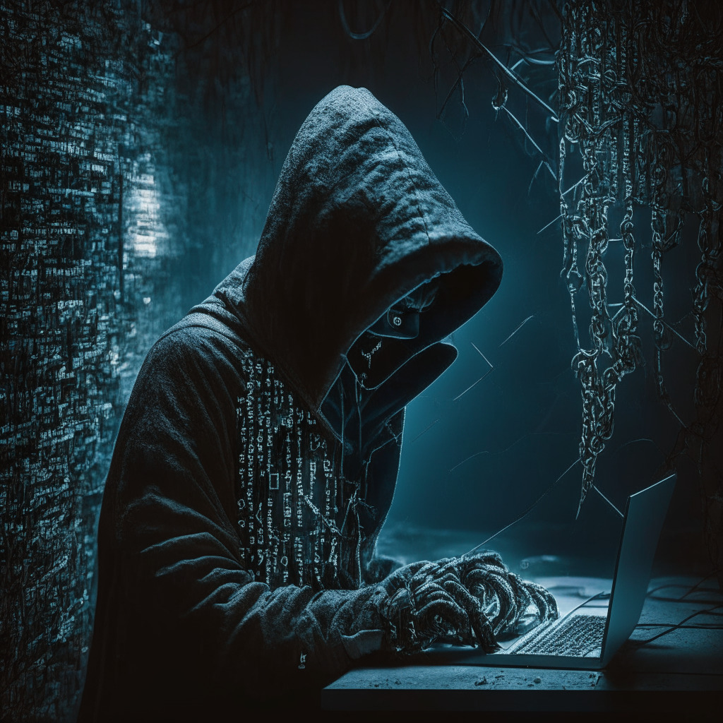 Intricate cybersecurity breach scene, a hooded hacker at work, digital assets and broken chains, a prominent Twitter logo cracked, moody chiaroscuro lighting, film noir style, tense atmosphere, a subtle balance between digital progress and ominous cyber threats. (344 characters)