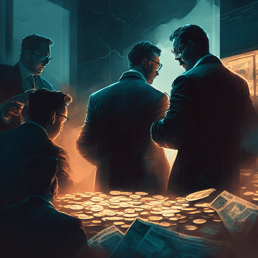Cryptocurrency market illustration, brothers exchanging insider info, SEC intervention, stormy atmosphere, chiaroscuro lighting, tense mood, regulatory oversight shadow, blurred reflections of nine tokens, no brand representation, digital art style.