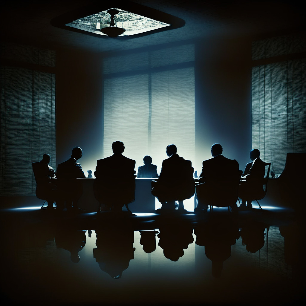 Mysterious investors in shadowy boardroom, cryptocurrencies and traditional finance mingling, intrigued ESMA agents observing, contrast of light and dark symbolizing regulatory ambiguity, cool and tension-filled atmosphere, chiaroscuro lighting accentuating varied financial products, underlying theme of transparency and vigilance, solemn mood.