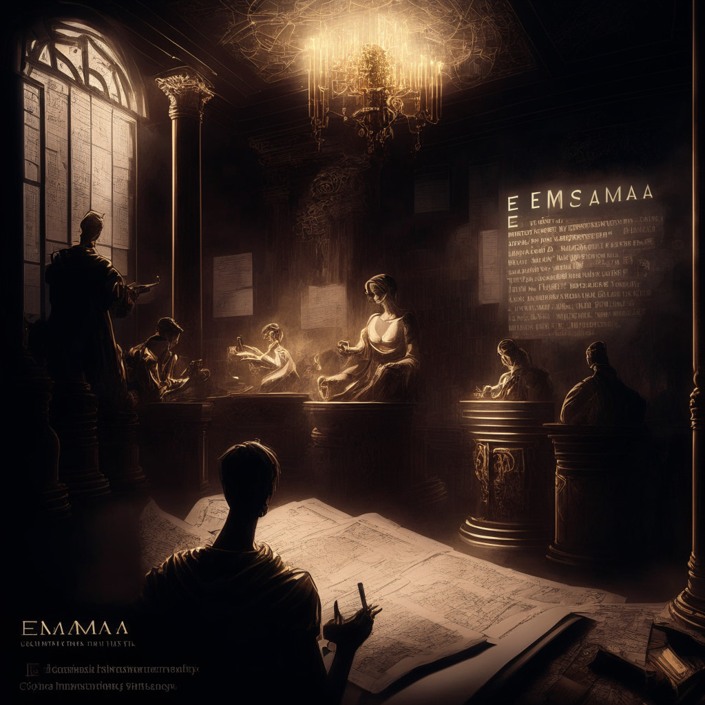 Intricate crypto scene, chiaroscuro lighting, modern Renaissance style, moody atmosphere: ESMA emphasizes unregulated crypto labeling, MiCA's future impact, concerned investors, distinction between regulated and unregulated, transparent communication, approaching legislation changes. (348 characters)