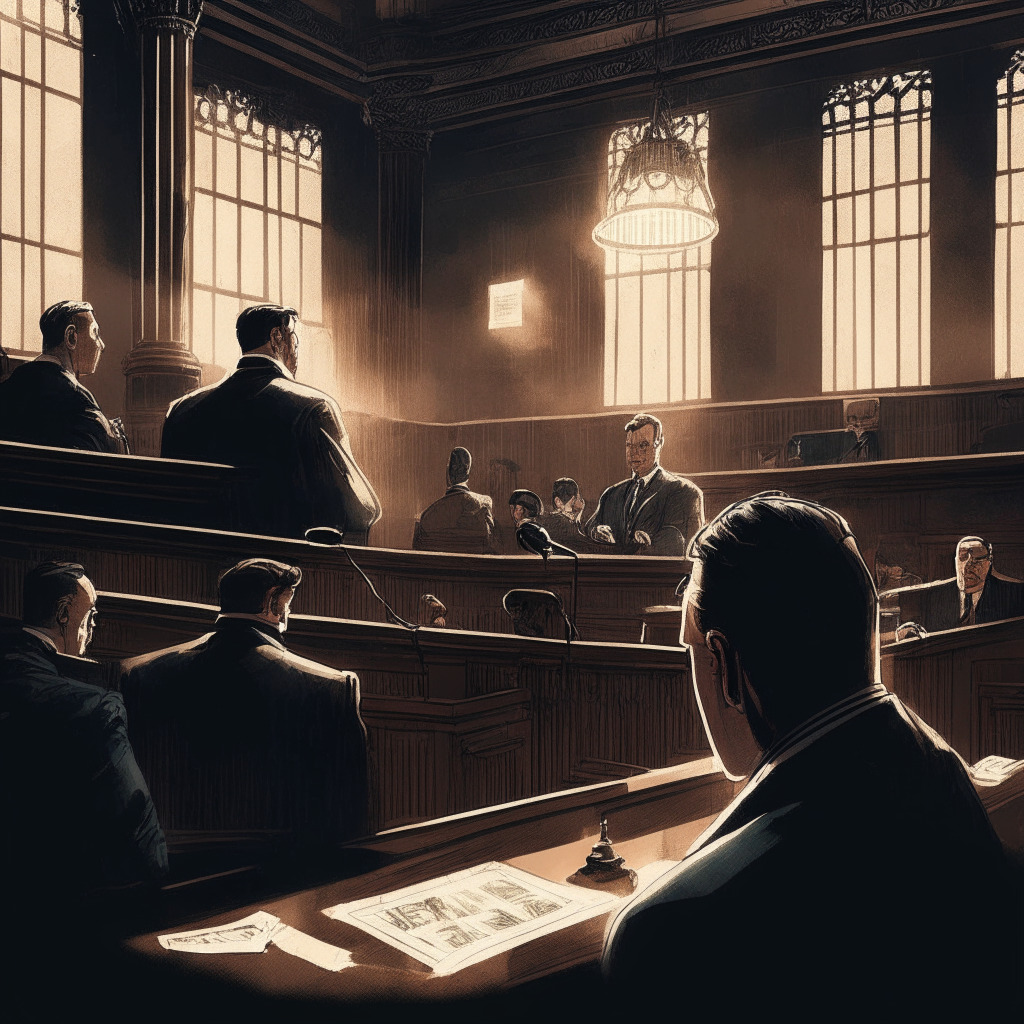 Intricate courtroom scene, dramatic lighting, Alameda-backed CEO Alex Grebnev & Coin Telegraph owner Gregory Fishman in a tense legal standoff, High Court London, deeper meaning of blockchain complexities, a call for robust journalism, somber mood, enveloped in an air of responsibility.
