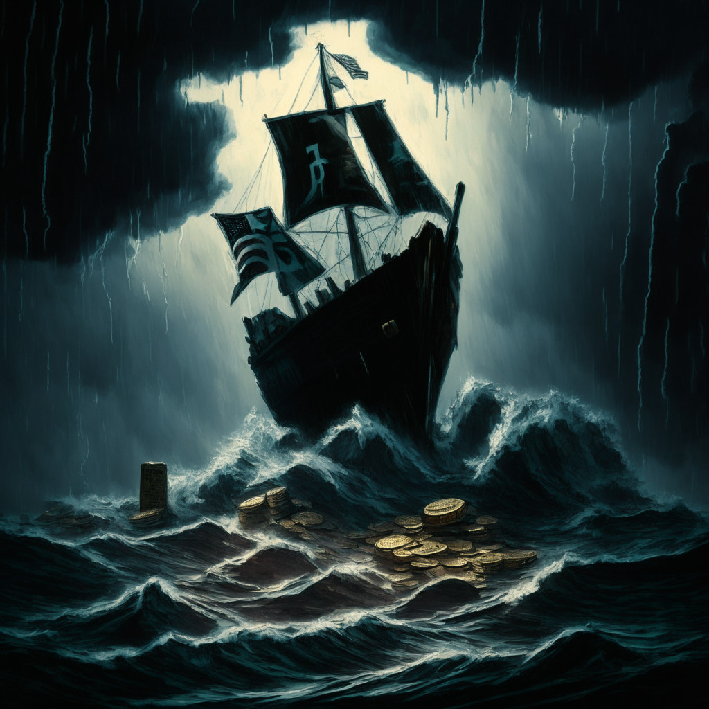 Gloomy financial setting, sinking ship, stormy skies, fractured cryptocurrency coins (Bitcoin, Ether, ALGO, CELO, AVAX), choppy water, recovery rate (36%), auction gavel, legal documents, balance scale, worried customers, dark shadows, contrasting light, expressionist art style, tense mood, fading American flag in the background.